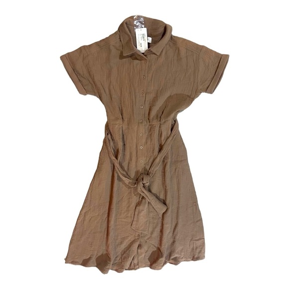 Evereve Hailey Gauze Button Down Dress Sz S 100% Cotton Java Cocoa NEW - Picture 2 of 4